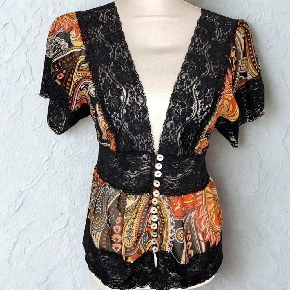 Pink Rose Boho Top Blouse Floral V-Neck Lace Short  Flutter Sleeve Size Large